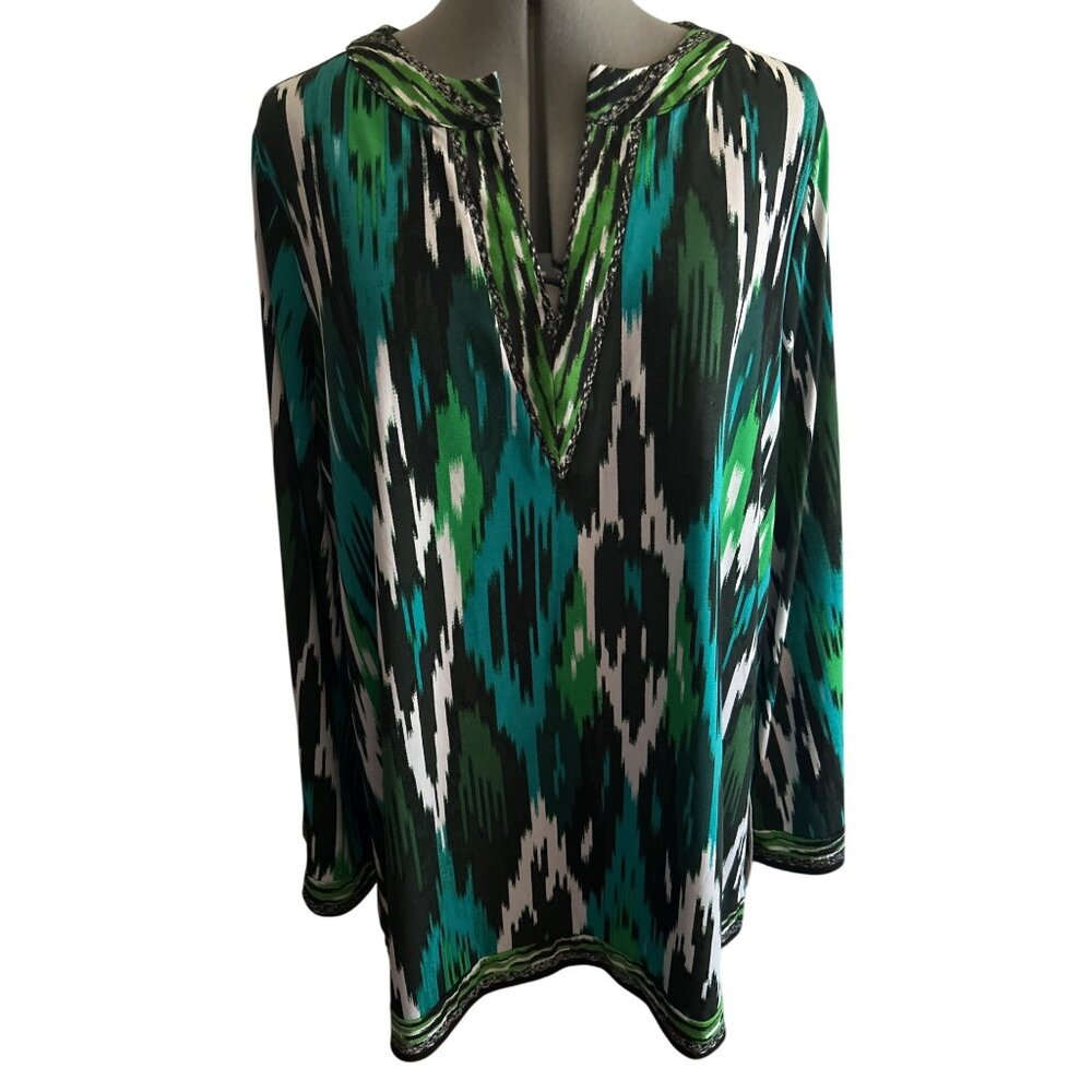 Michael Kors Womens Ikat Tunic Top Size 2X Green & Black Long Sleeve